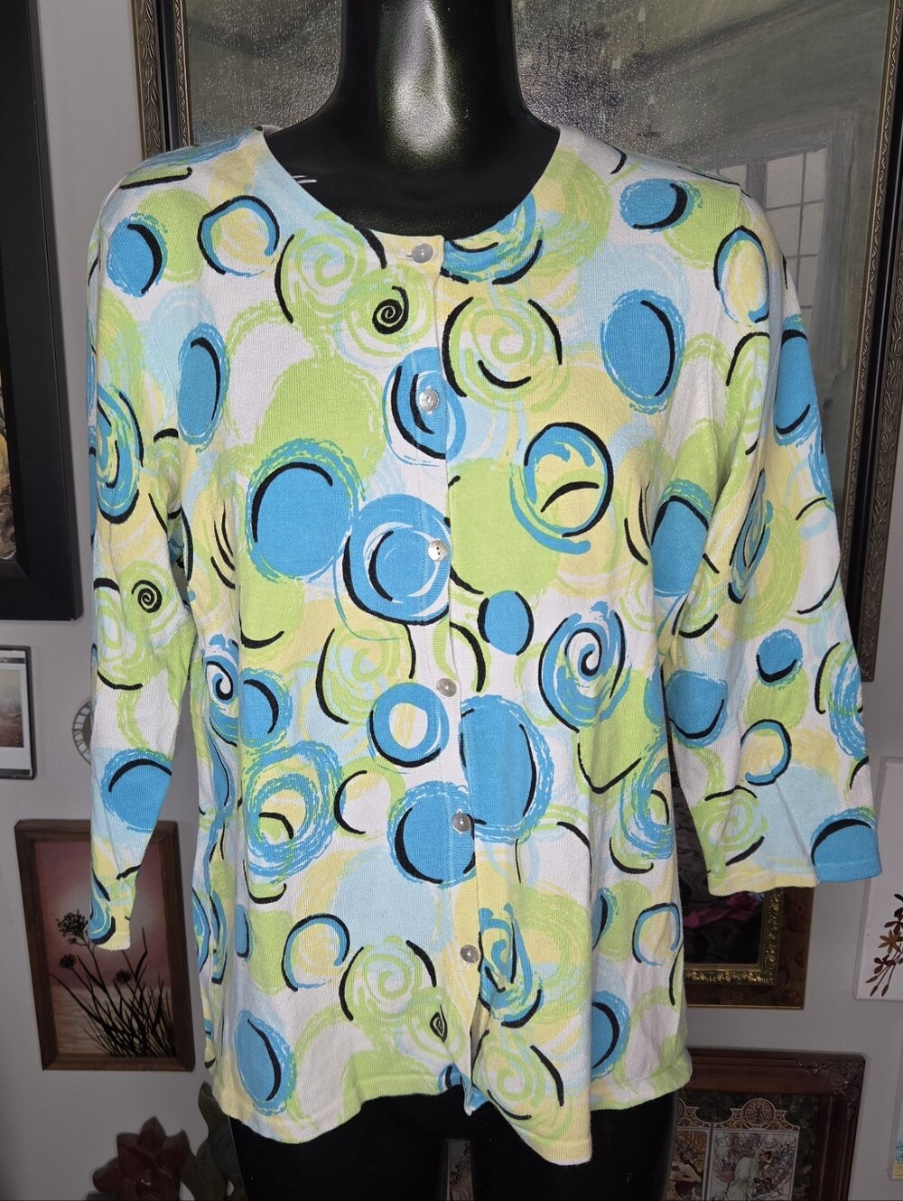 Y2K Blue + Green Circle Swirl Print Cardigan w/ Button Front Artsy Spiral Medium